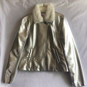 Justice Girls Silver Coat Jacket w/ Faux Fur Collar, Diagonal Zipper Size 20